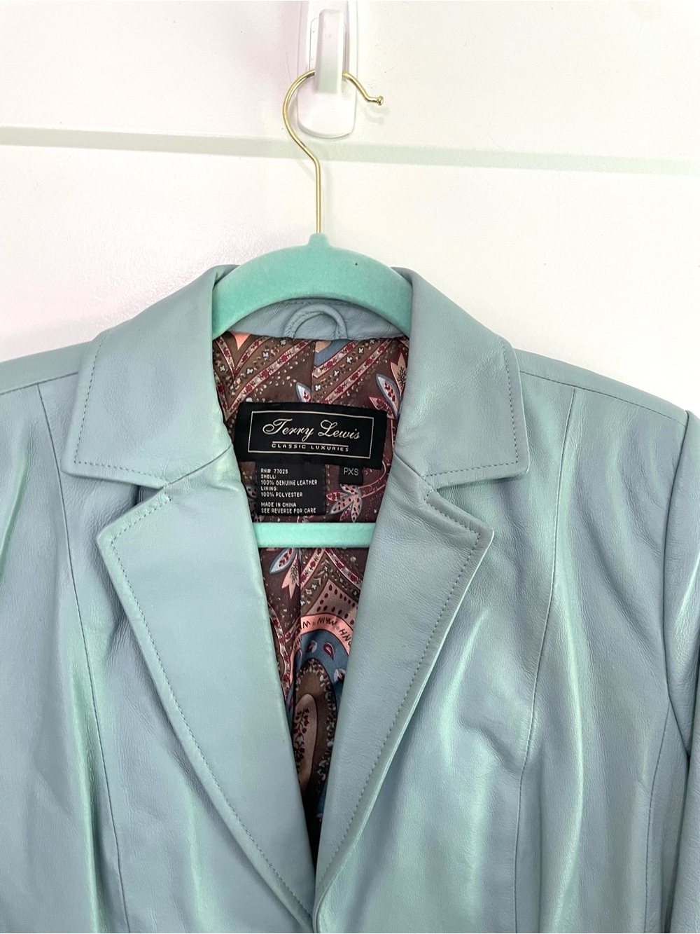 Vintage Terry Lewis Powder Seafoam Blue 100% Leather Blazer Tailored Jacket PXS - Picture 8 of 11
